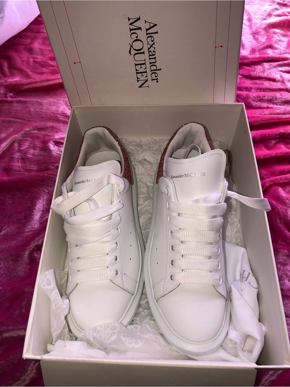 Alexander McQueen White Sneakers with Pink Glitter Heel Counter